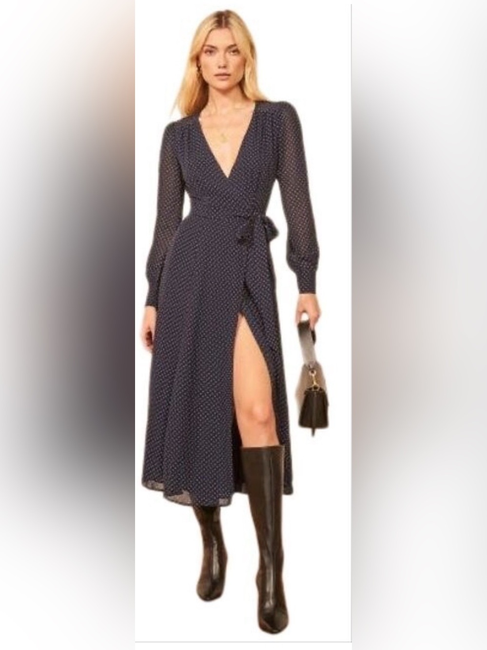 Reformation Wrap Dress Navy w polka dots Size M